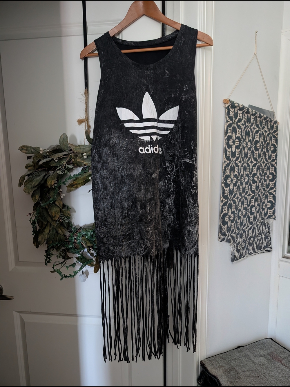 Adidas Black Fringe Tank Dress With Logo Medium Tie Dye Boho